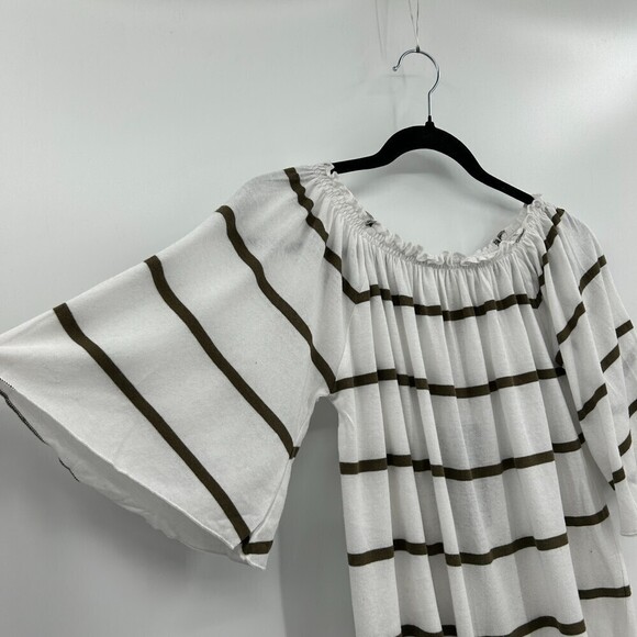 NWT CHASER White Olive Green Striped Off The Shoulder Bell Sleeve Top Medium - Picture 3 of 6